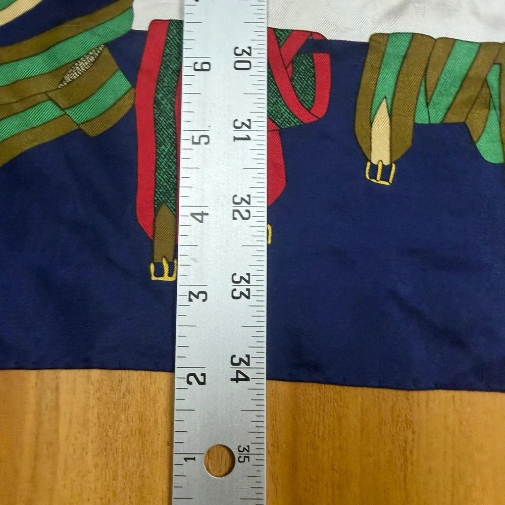 Vintage Pure Silk Equestrian Polo Scarf Navy Blue Made in Italy 34x33.5